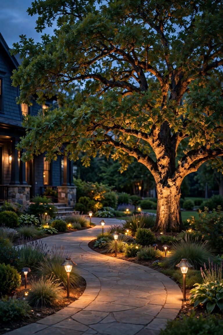 Elegant front yard at dusk with a mature oak washed in warm uplight, brass path lights glowing along a curved walkway and soft solar accents tucked into the flower beds