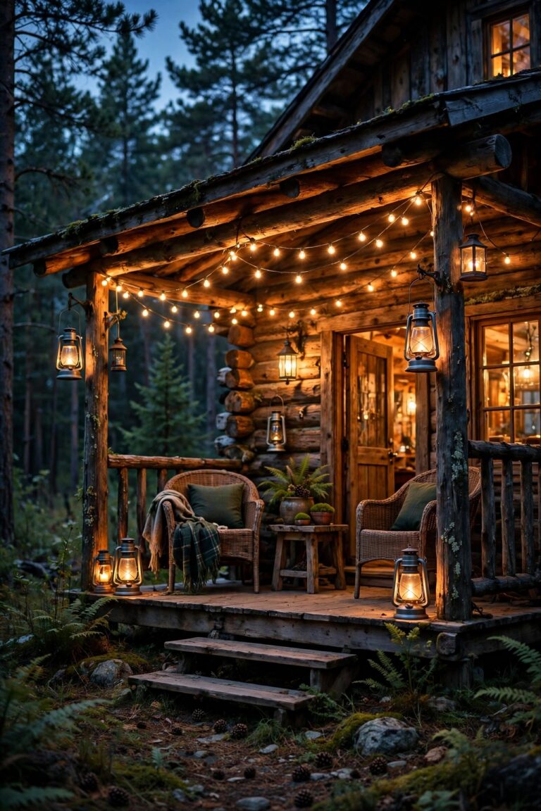 Woodland cabin porch at dusk glowing with warm layered lighting, string lights, lanterns and pine trees behind
