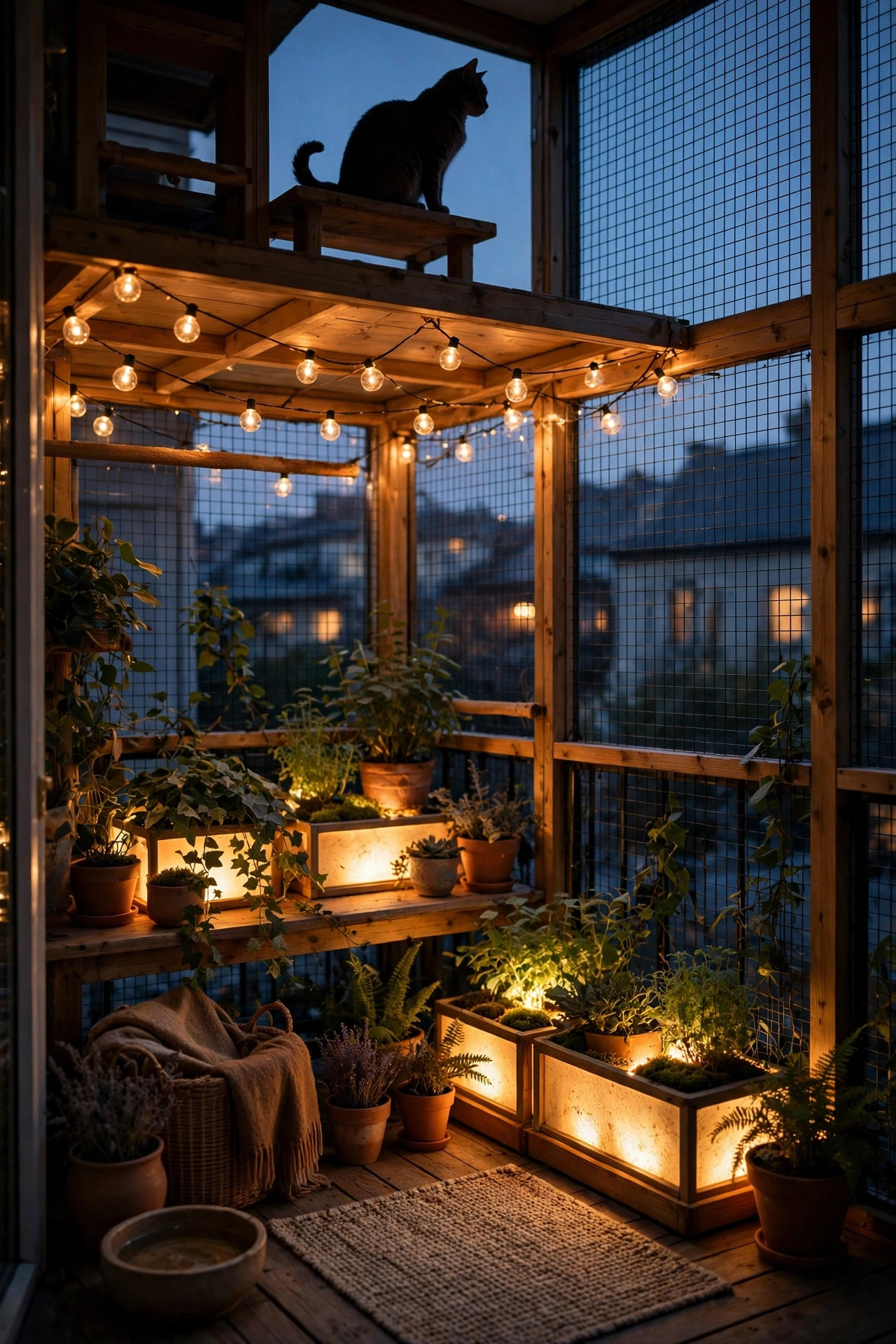 Cozy balcony catio at dusk with warm string lights, a cat silhouette on a high perch and glowing planters below