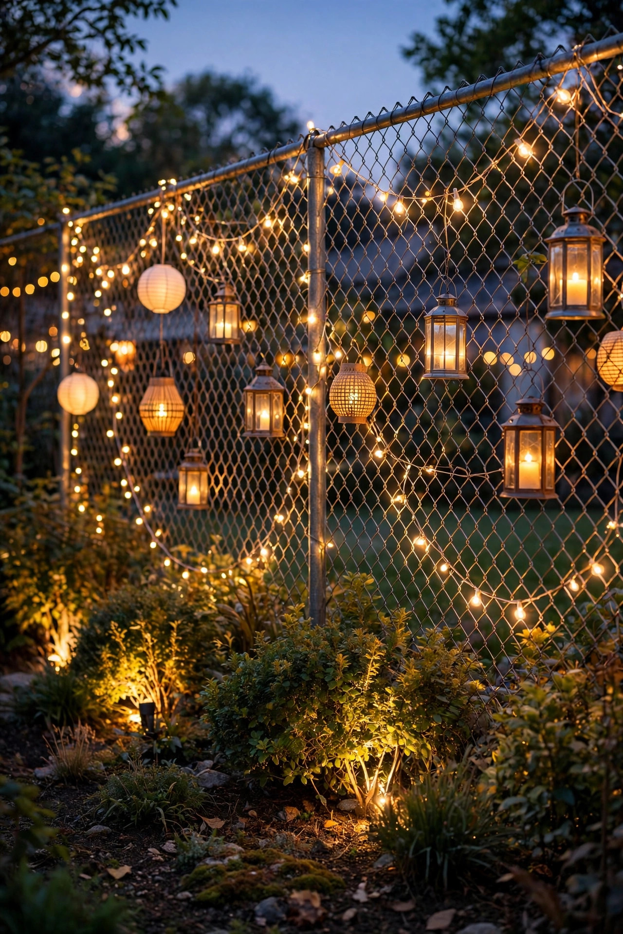 Chain-link fence at dusk disguised by layered warm string lights, lanterns, and uplighted shrubs along the fence line