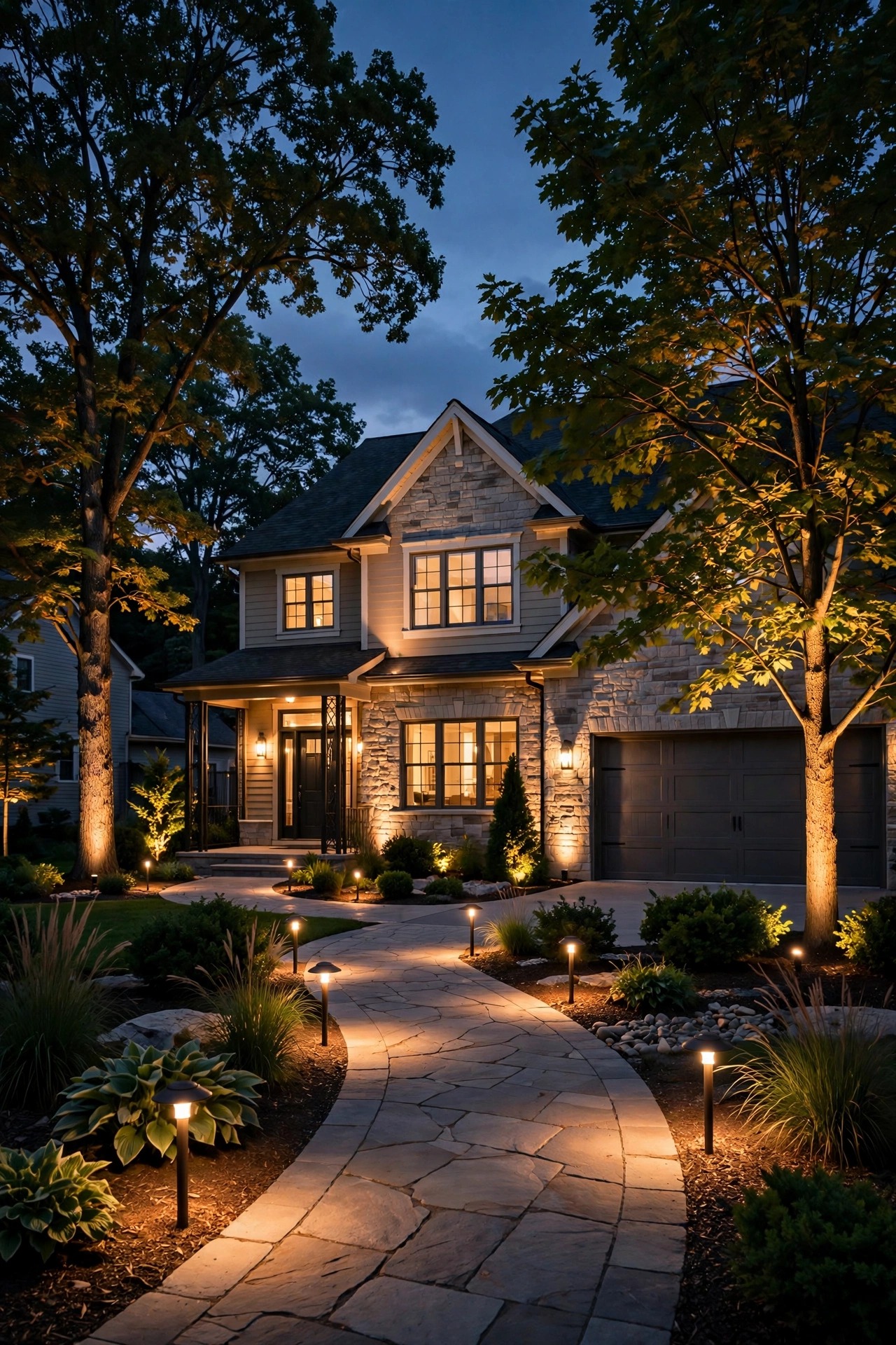 Beautiful suburban home at dusk with professionally installed landscape lighting, warm path lights and tree uplighting, the result of choosing the right landscape lighting contractor