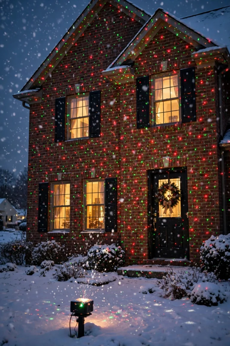 Christmas light projector ideas: red and green laser dots washing over a festive suburban home facade at dusk