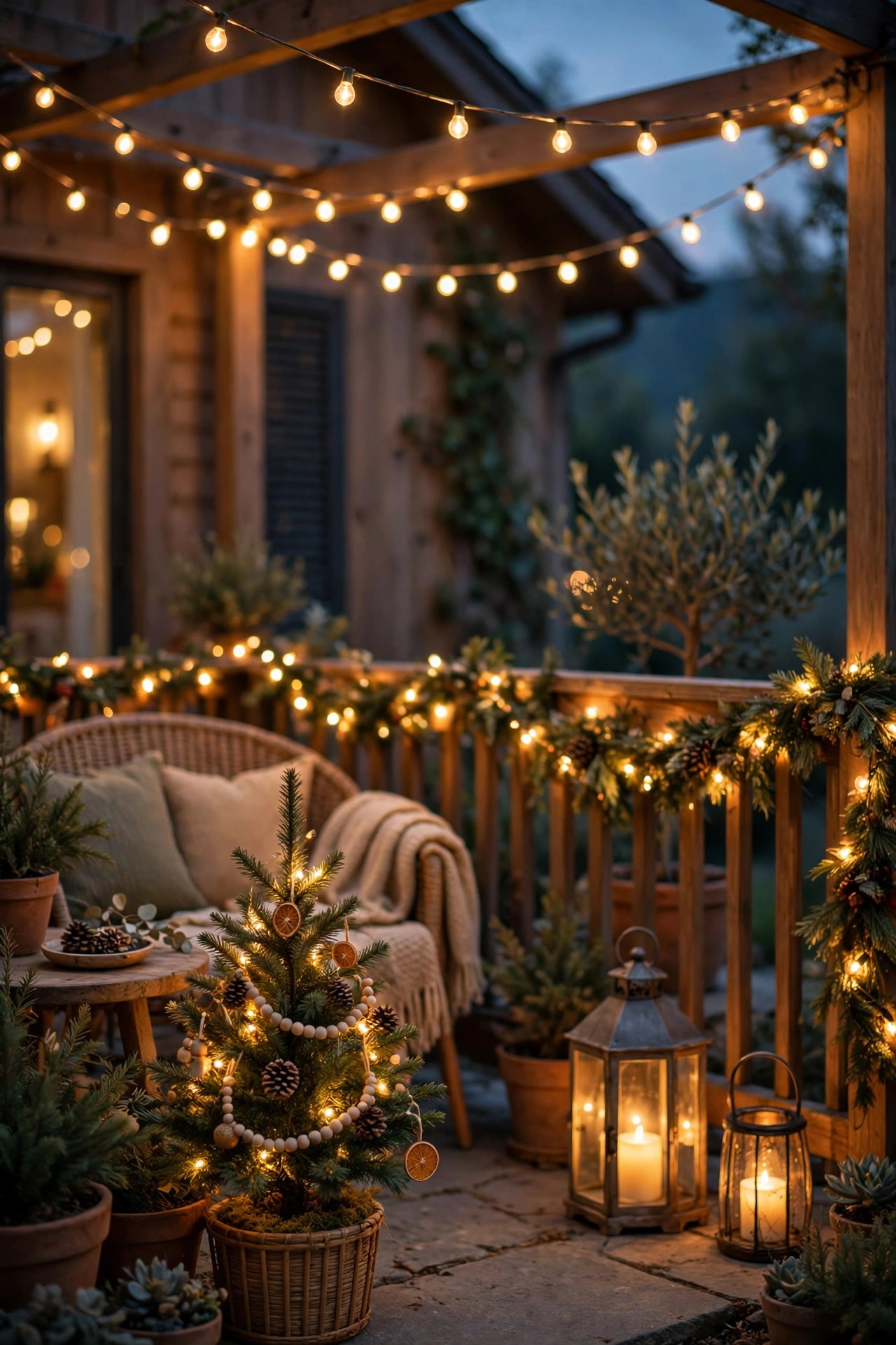 Cozy back patio at dusk decorated with warm white Christmas string lights, a lighted garland on the railing, glowing lanterns, and a small potted Christmas tree