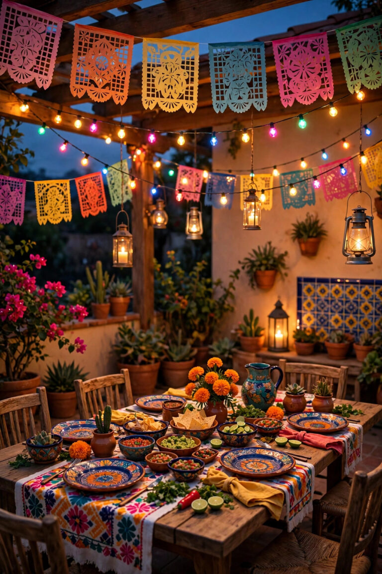 Colorful Cinco de Mayo patio at dusk with multicolor string lights, papel picado banners, and glowing lanterns over a festive dining table