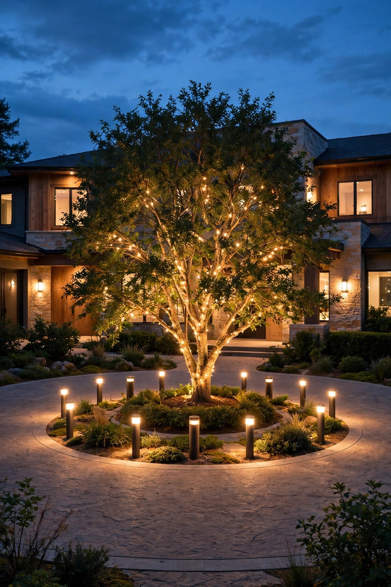 Circular driveway at dusk with a glowing center island tree, warm bollard ring and a softly lit home facade behind it