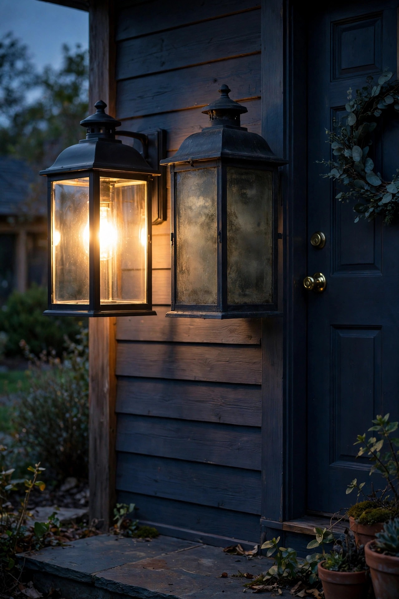 Porch lantern with a freshly cleaned clear lens glowing warm and bright at dusk beside a front door, a second cloudy yellowed lens beside it for contrast