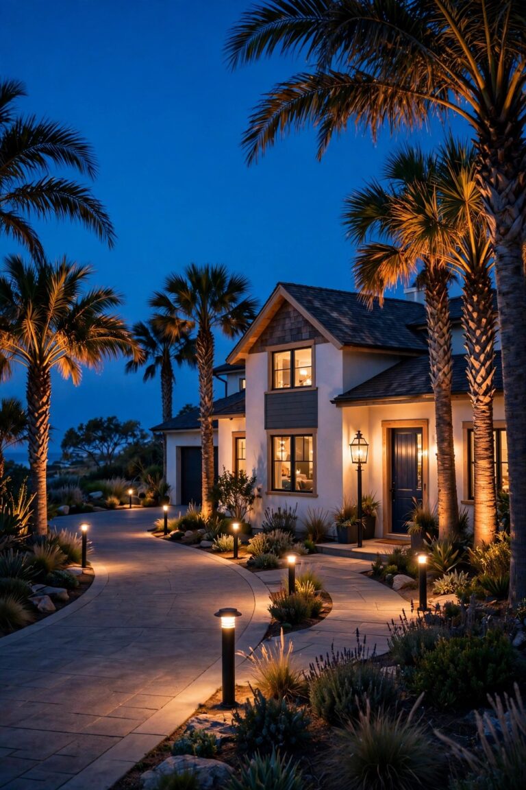 Coastal home driveway and front walkway at dusk with warm bollard lights, lantern post lights and palm trees glowing against a deep blue sky
