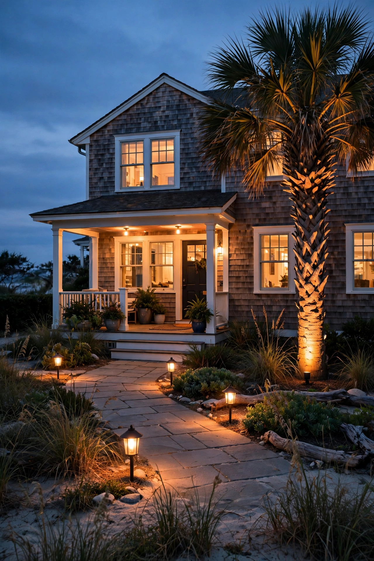 Coastal front yard at dusk with warm lantern path lights, an uplighted palm, and a glowing porch on a shingled beach house