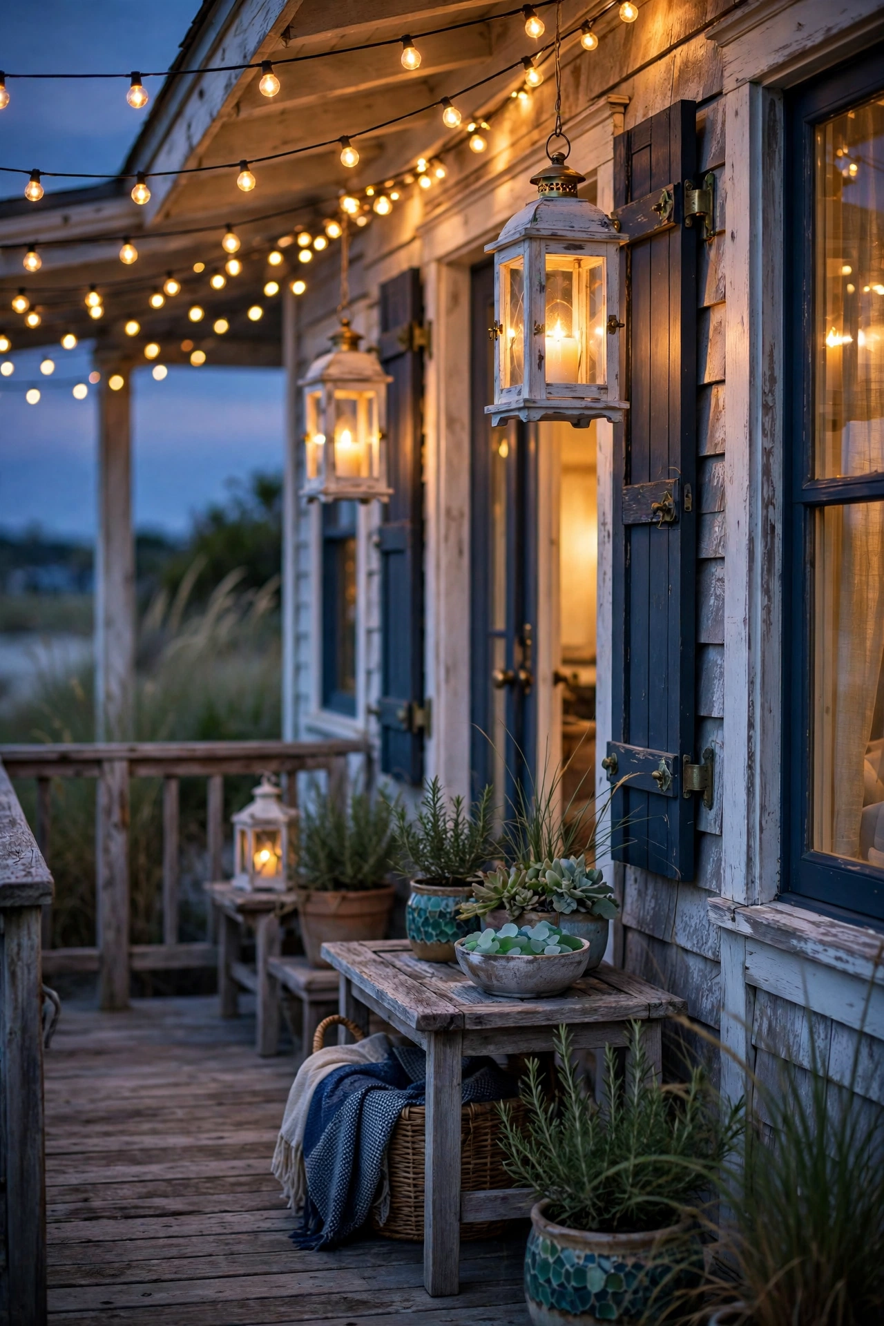 Coastal home exterior at dusk with warm whitewashed lanterns and glowing string lights over a breezy deck