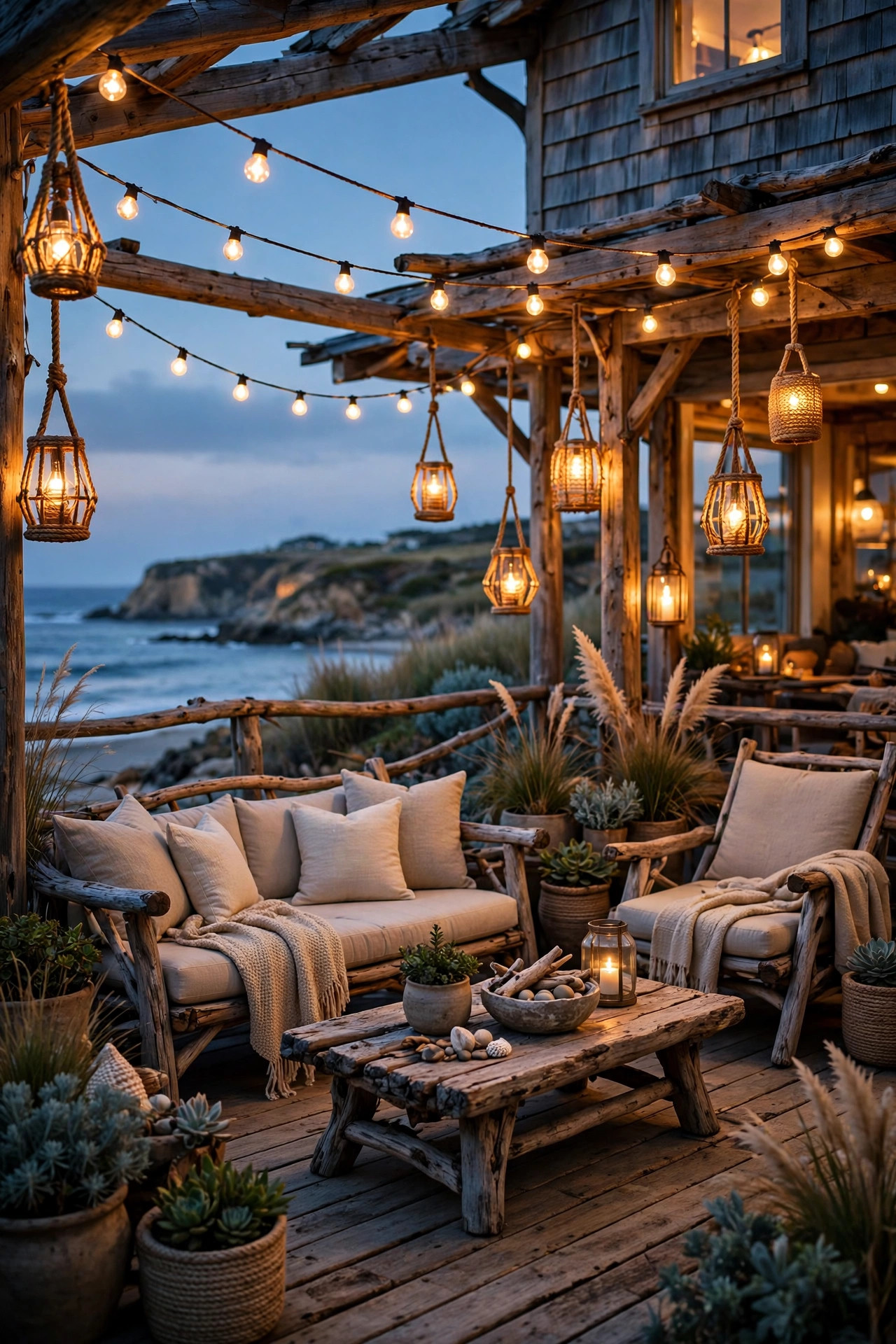 Coastal patio at dusk with warm string lights, rope lanterns and driftwood furniture glowing like a beach house
