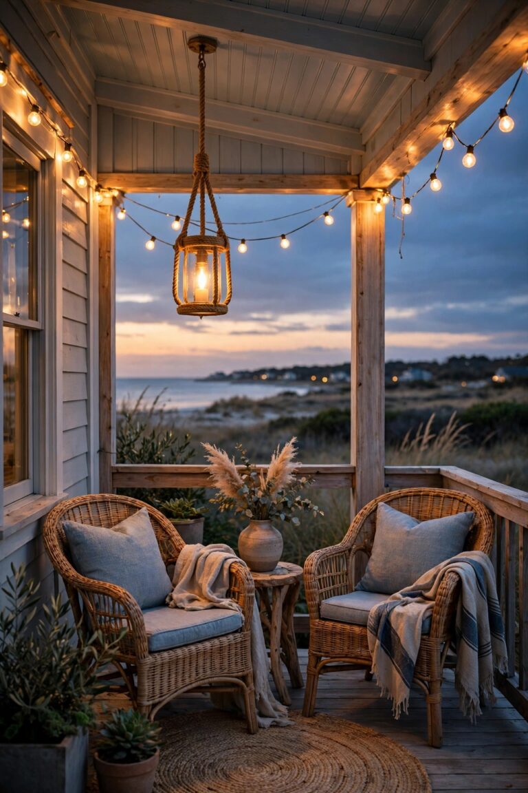 Coastal front porch at dusk with warm lantern light, a rope pendant and string lights glowing over wicker chairs