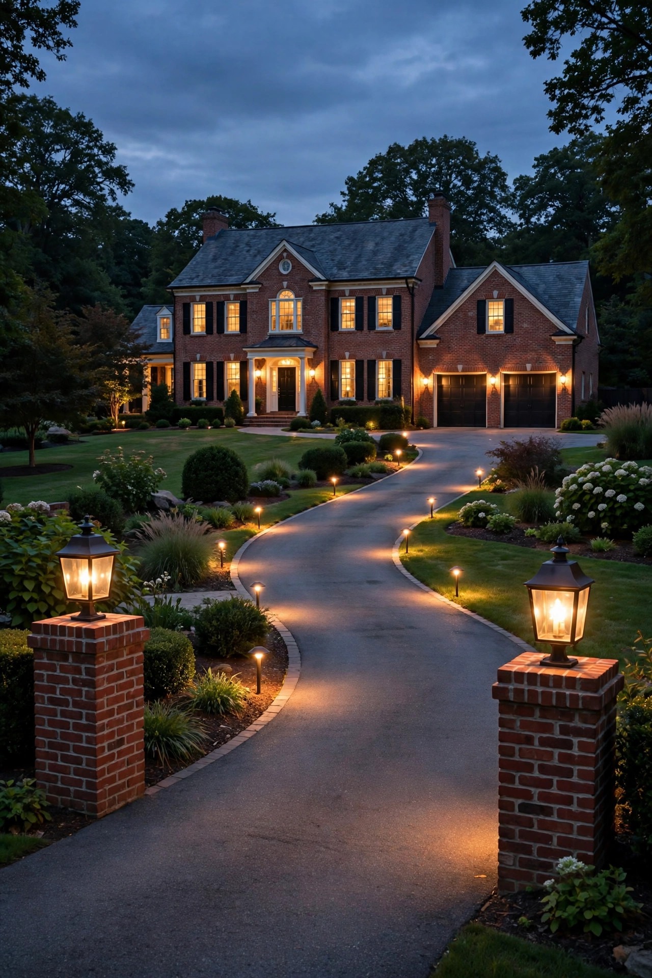 Brick colonial home driveway at dusk with paired brick pillar lanterns, warm path lights and a gracious symmetrical glow