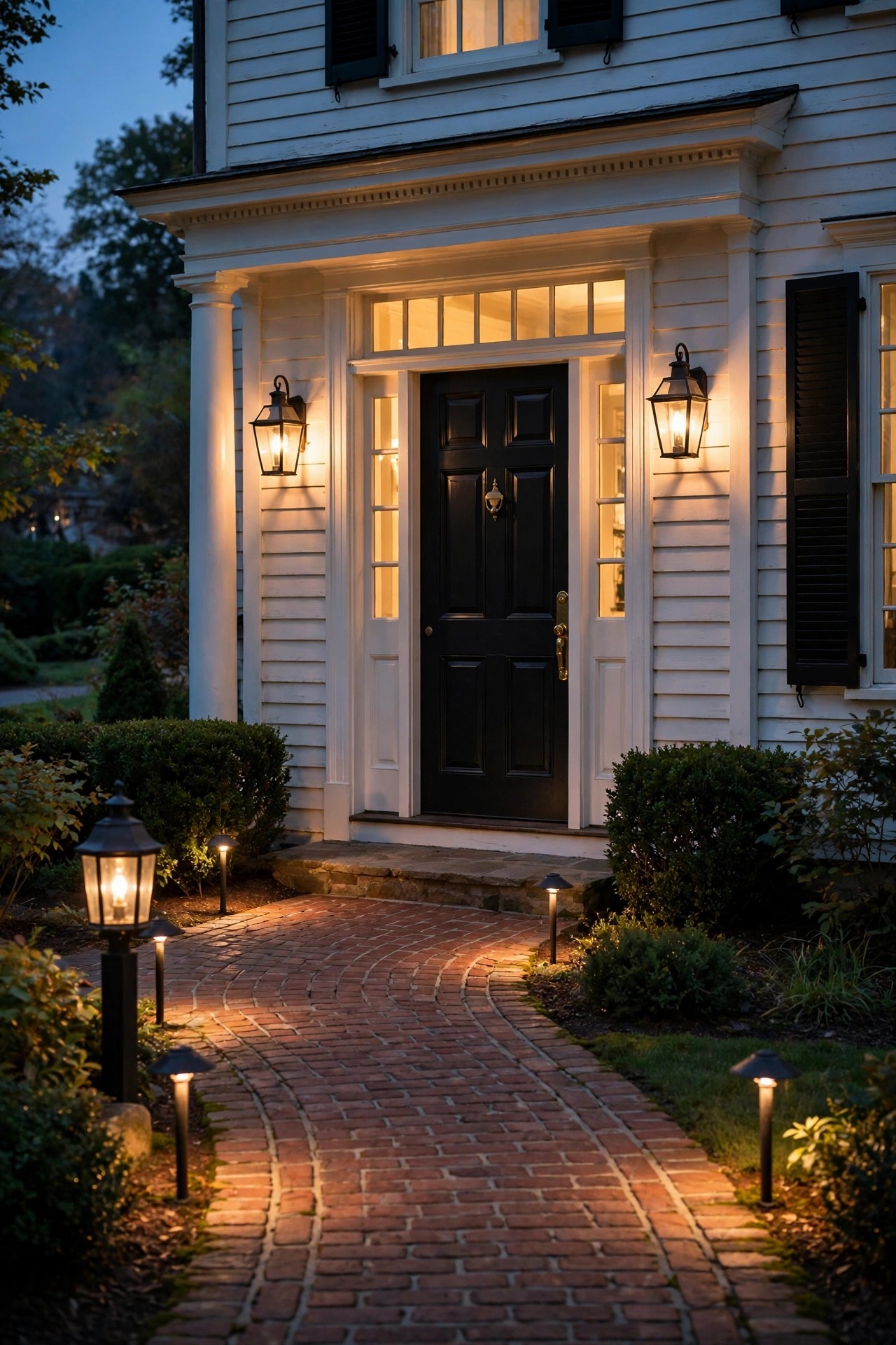 Colonial home entryway at dusk with a matched pair of warm lantern sconces framing a black front door, lantern post light and path lights along the brick walkway