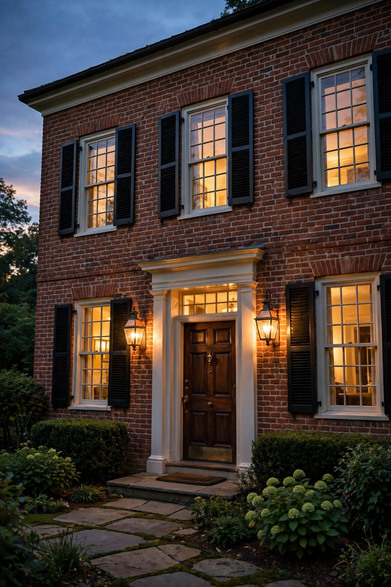Brick colonial house at dusk with glowing copper lantern sconces flanking the front door