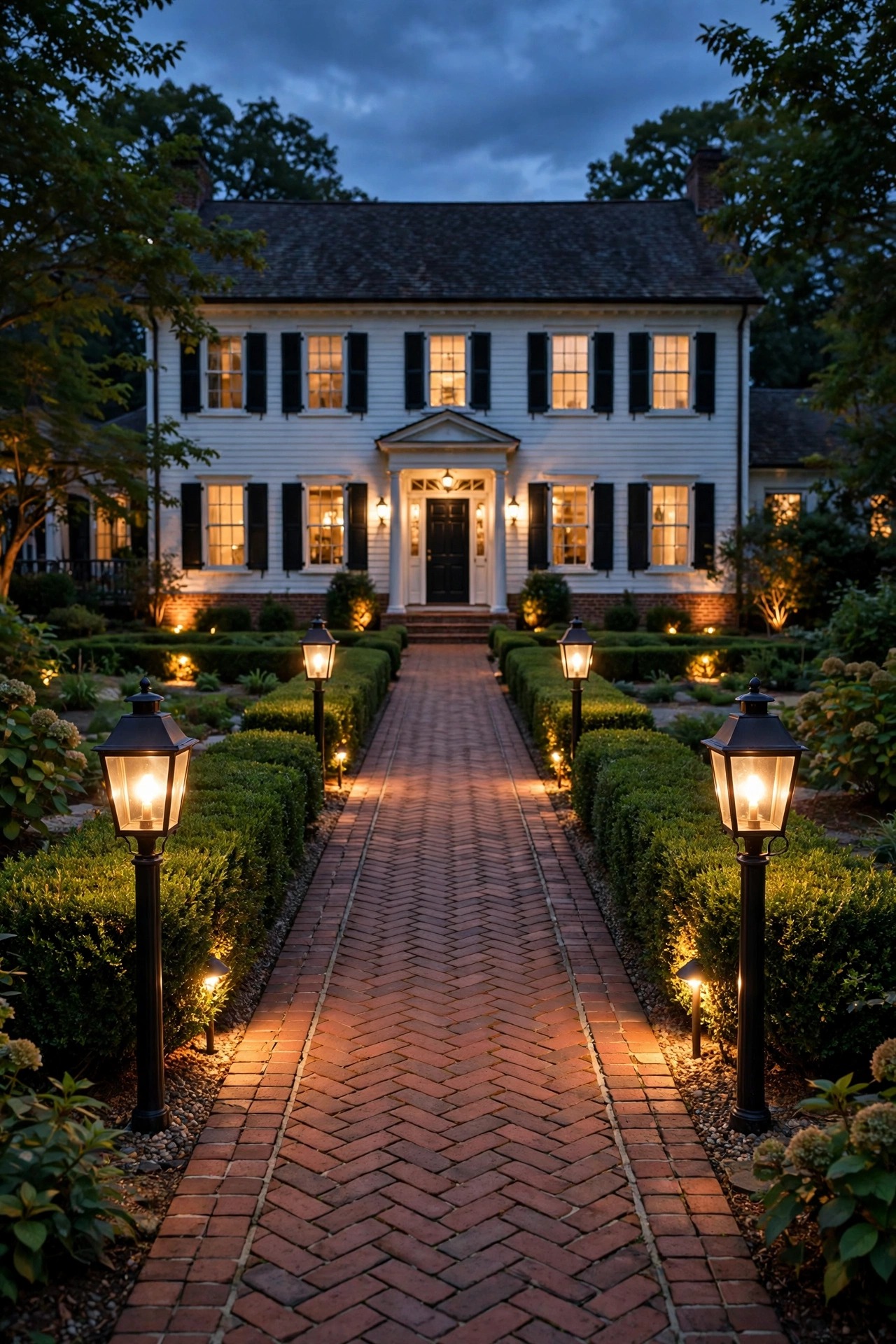 Colonial home garden at dusk with symmetrical paired lantern posts, a straight brick walkway and warm landscape lighting on clipped boxwoods