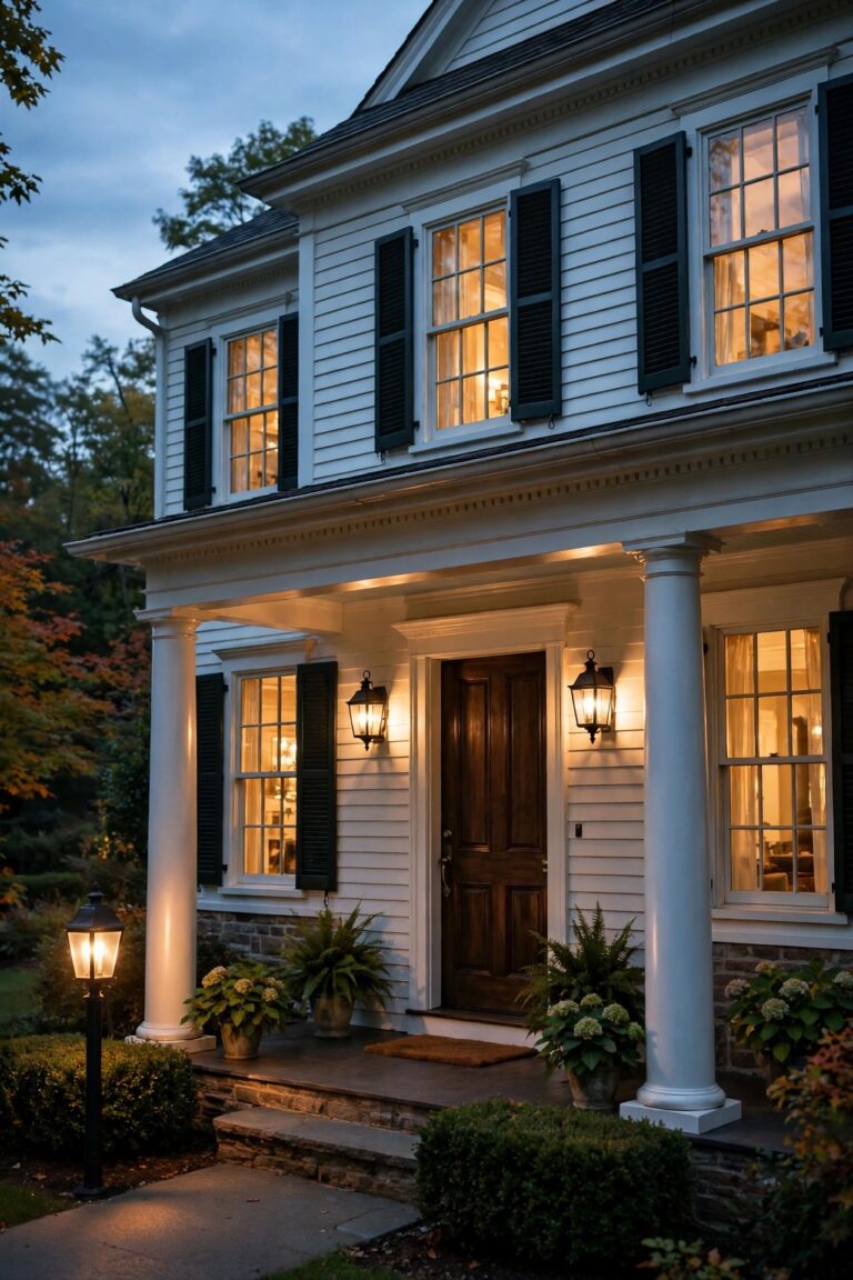Colonial home front porch at dusk with a pair of black lantern sconces flanking the front door, a glowing lantern post light and warm light spilling from the windows