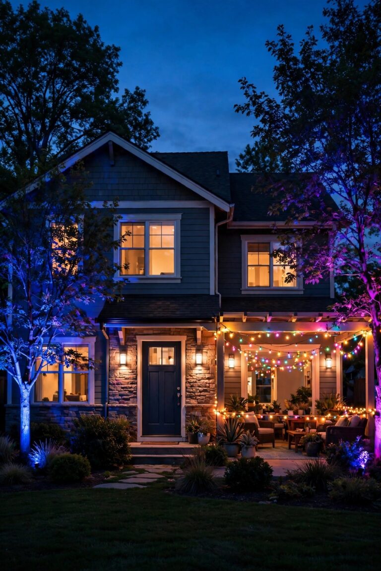Suburban home at dusk glowing with color changing smart outdoor lights, warm white porch sconces, soft blue and magenta accent uplights on trees, and colorful string lights along the patio