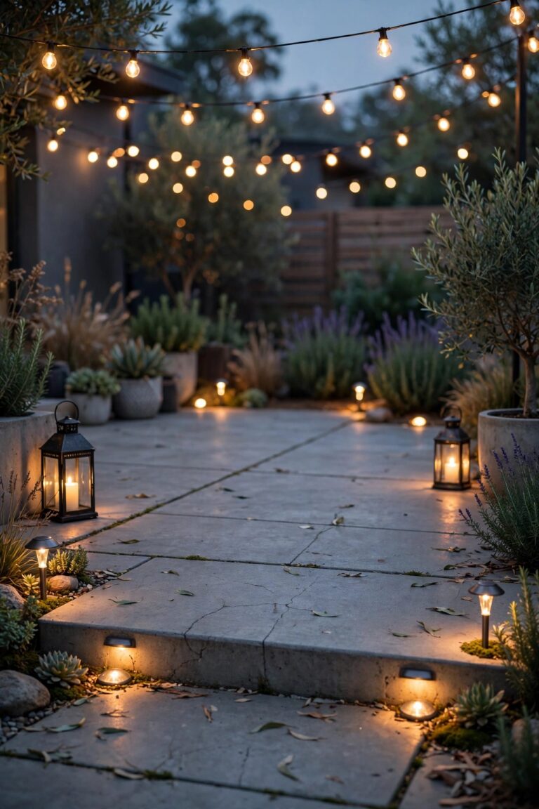 Concrete patio at dusk softened by warm string lights, lanterns and low solar accents glowing against the gray slab