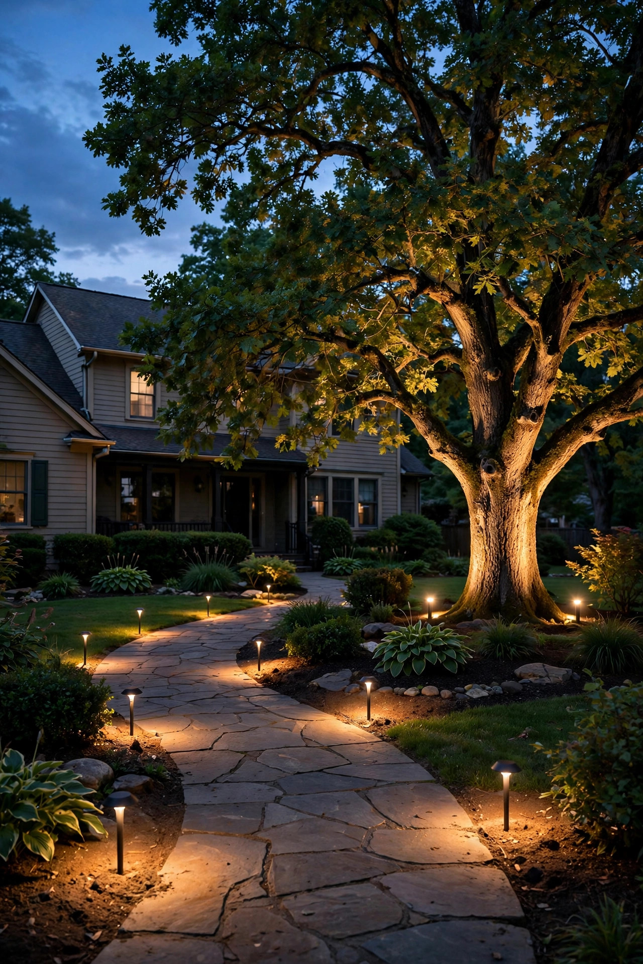 Suburban front yard at dusk with warm LED landscape lighting along a stone path and uplights on a mature oak tree, freshly converted from halogen