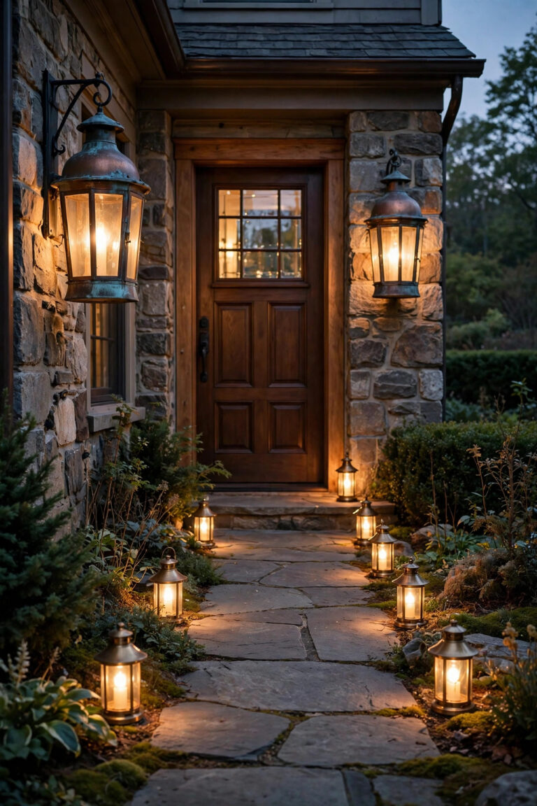 Copper outdoor lanterns with a warm aged patina glowing on either side of a front door at dusk, brass lantern accents along the walkway