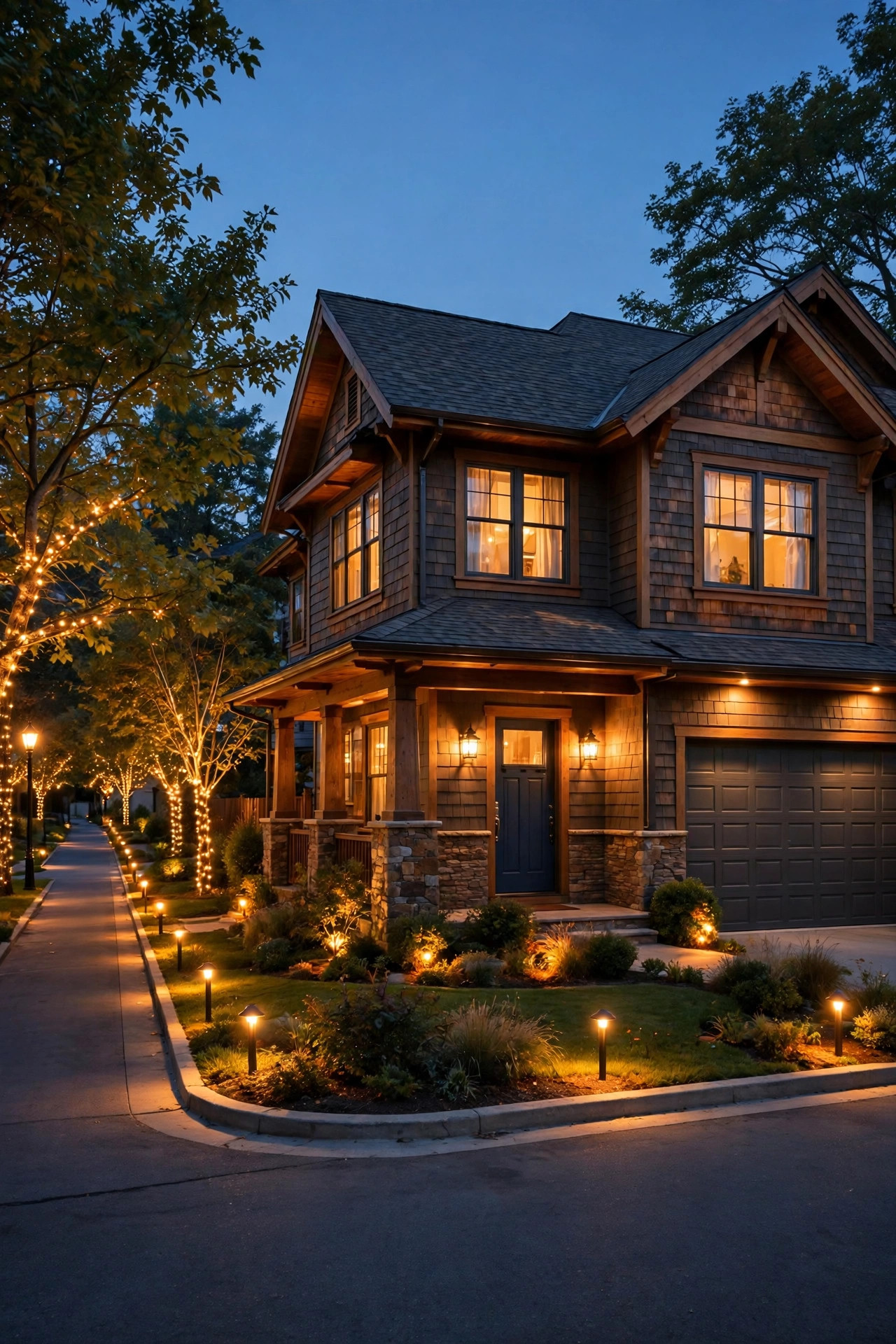 Corner lot home at dusk with warm layered lighting glowing along both street frontages