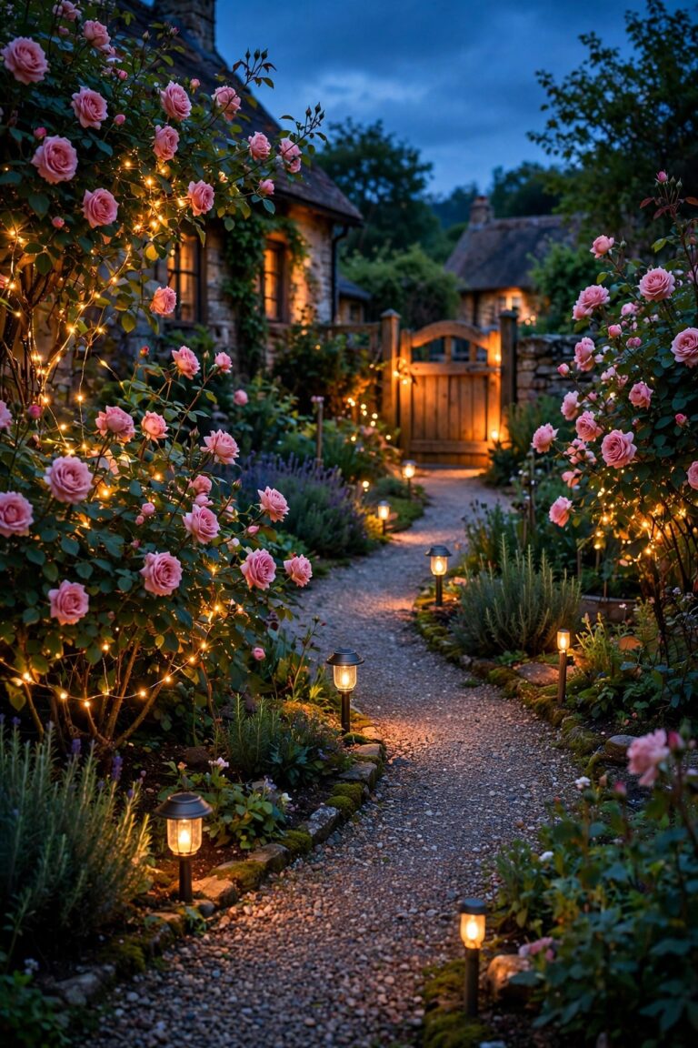 Cottage garden at dusk with warm fairy lights in rose bushes, solar lanterns along a winding path, and a glowing garden gate