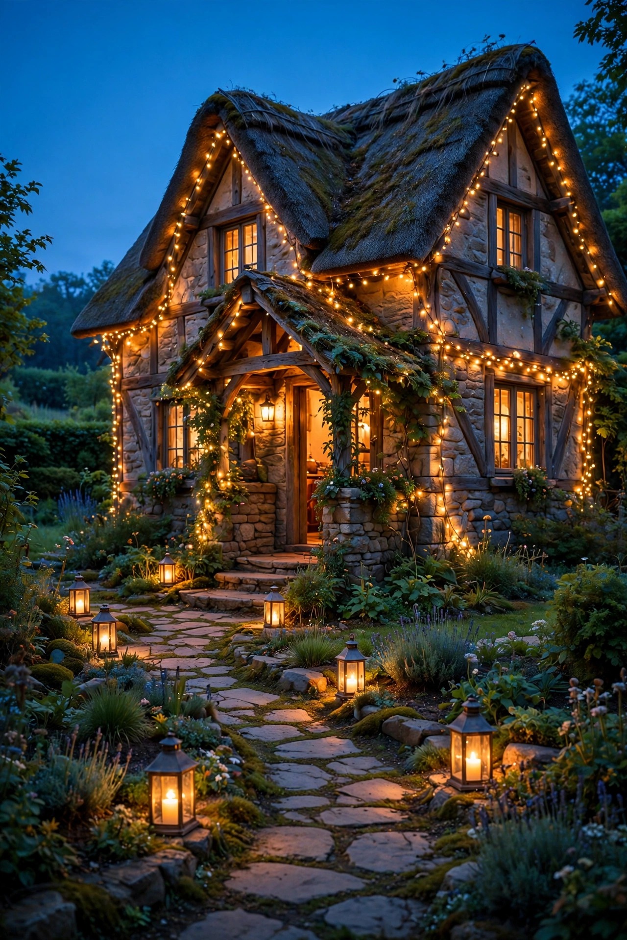 Storybook cottage at dusk wrapped in warm fairy lights, lantern-lined path, and a glowing porch
