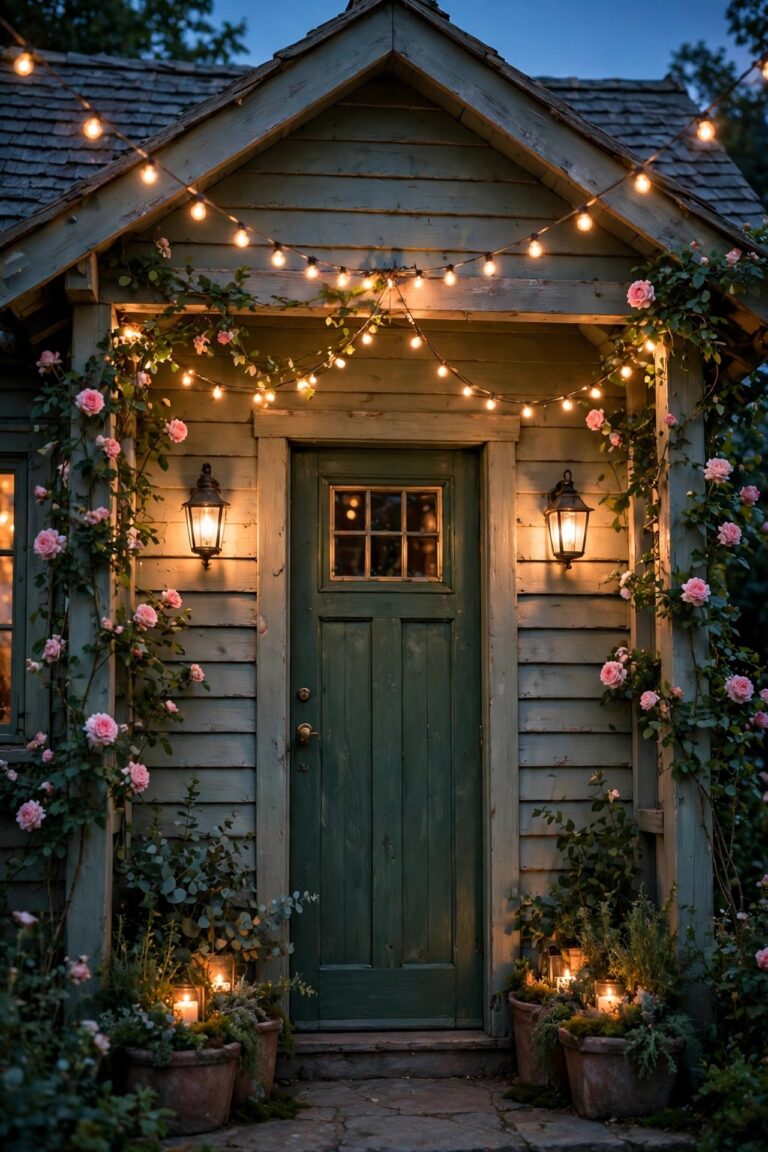 Cottage porch at dusk with warm lantern sconces, cafe string lights, and glowing planters framing a storybook entry