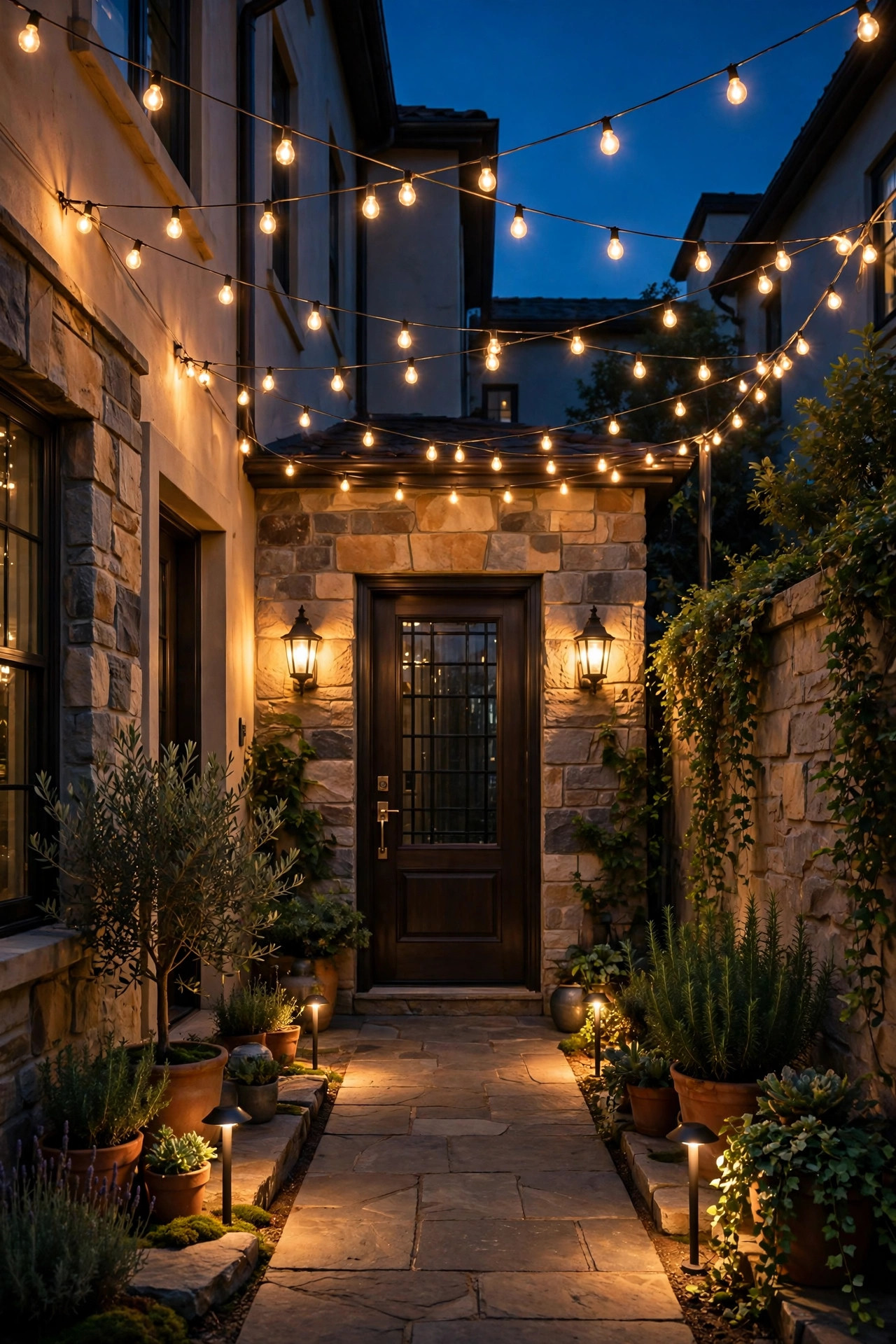Warmly lit townhome courtyard entry at dusk with sconces flanking the front door, path lights along the walkway, and string lights overhead