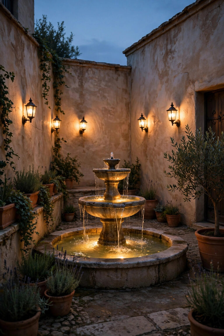 Small courtyard at dusk with a tiered fountain lit from underwater, warm wall sconces glowing on stucco walls