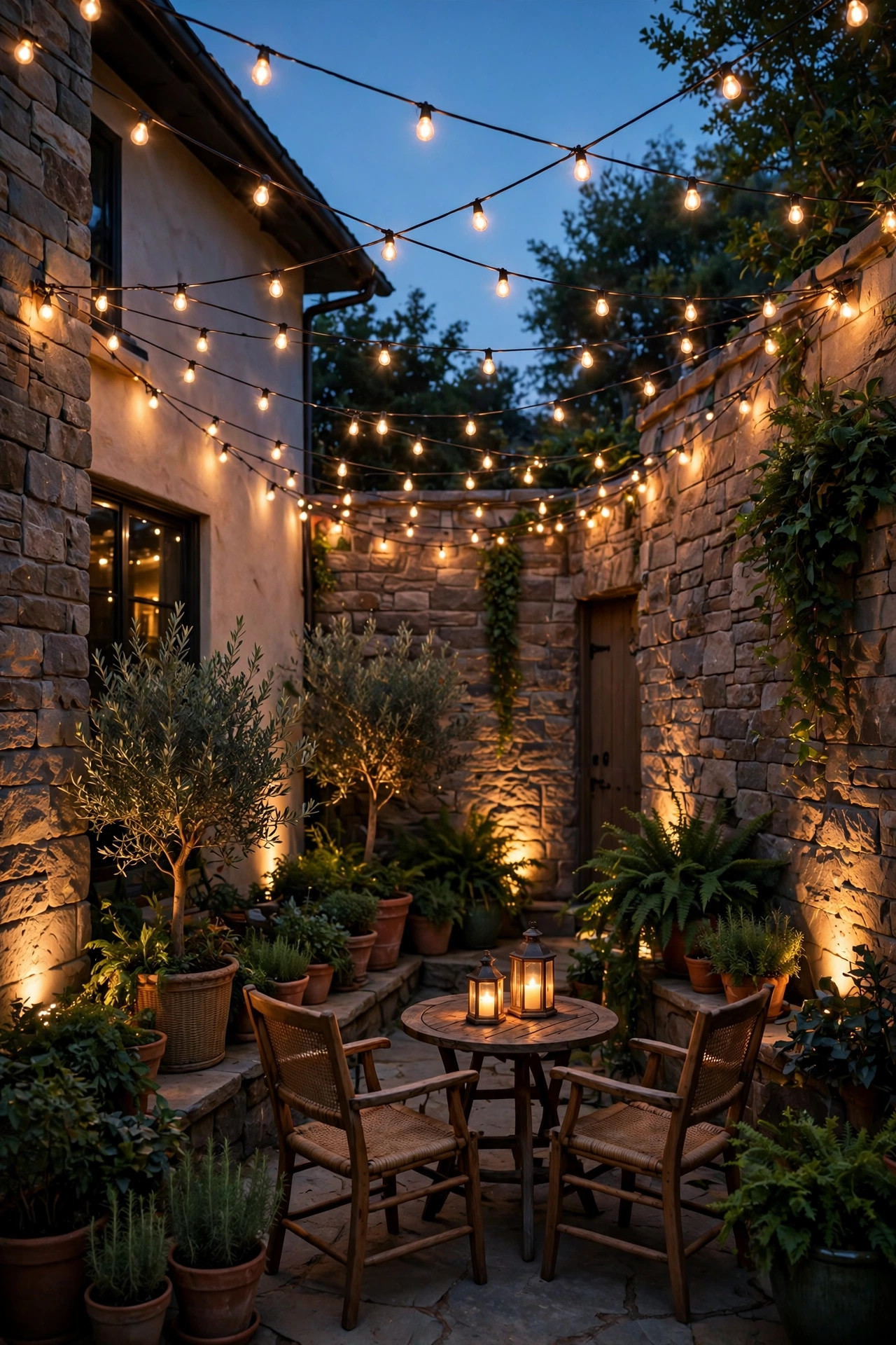 Enclosed courtyard patio glowing at dusk with warm string lights, wall uplighting, and lanterns