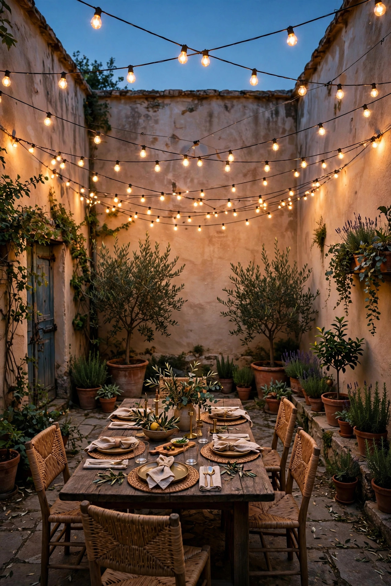 Walled courtyard at dusk with a warm string light canopy crisscrossed overhead above a dining table and potted plants