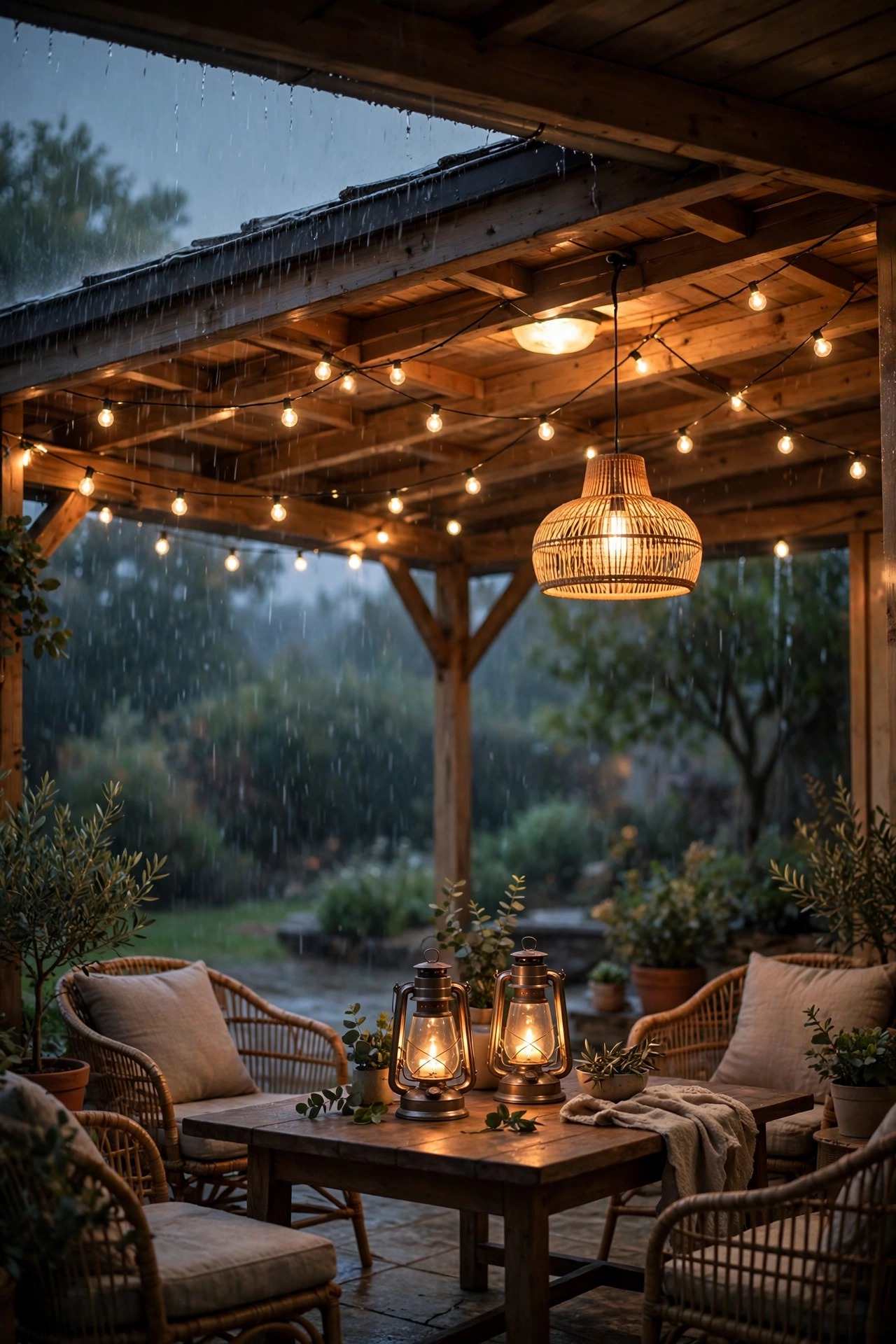 Covered patio at dusk with warm string lights, a glowing ceiling fixture and lanterns on a table while light rain falls beyond the roof edge