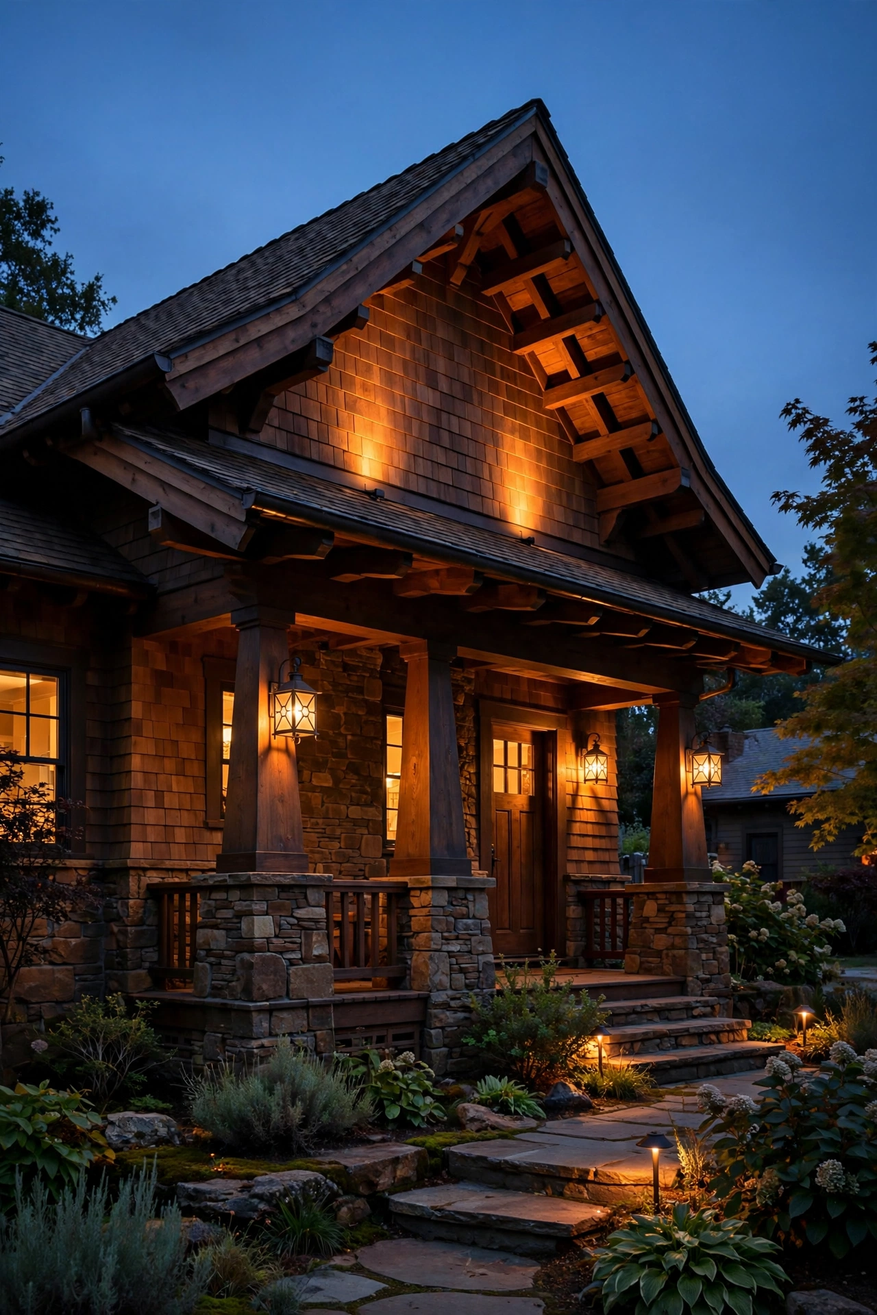 Craftsman bungalow at dusk with warm glowing mission-style lanterns on the porch and uplights on the gable