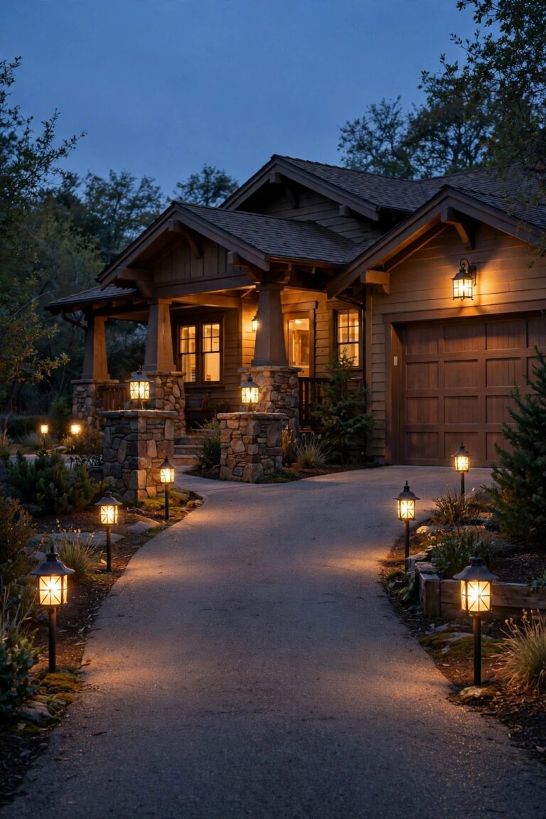 Craftsman bungalow driveway at dusk lined with warm mission-style lantern path lights, stone pillars and a glowing carriage lantern over the garage