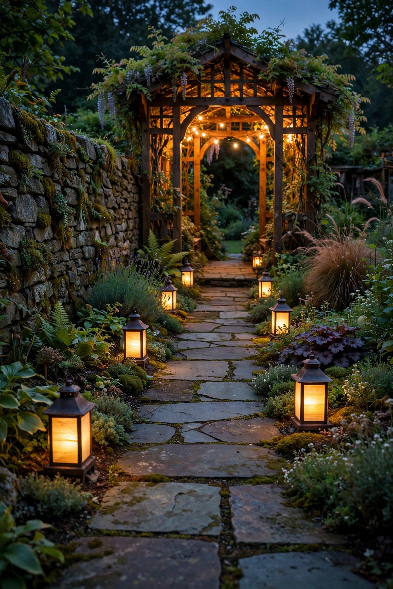 Craftsman garden at dusk with mica lanterns along a flagstone path, stone wall and warm glowing arbor