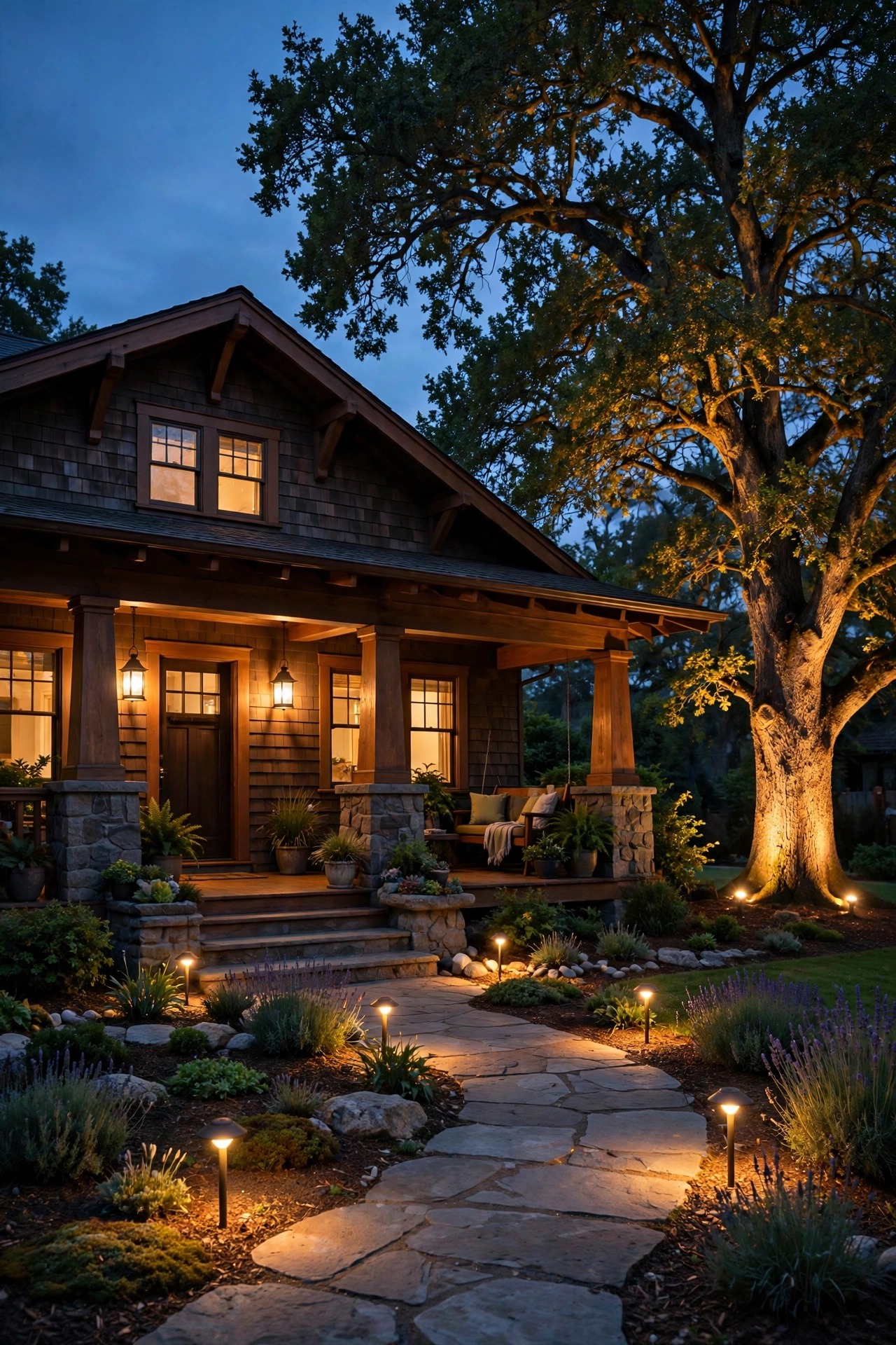 Craftsman bungalow front yard at dusk with warm landscape lighting, glowing path lights, an uplit oak tree, and lantern light on the wide porch