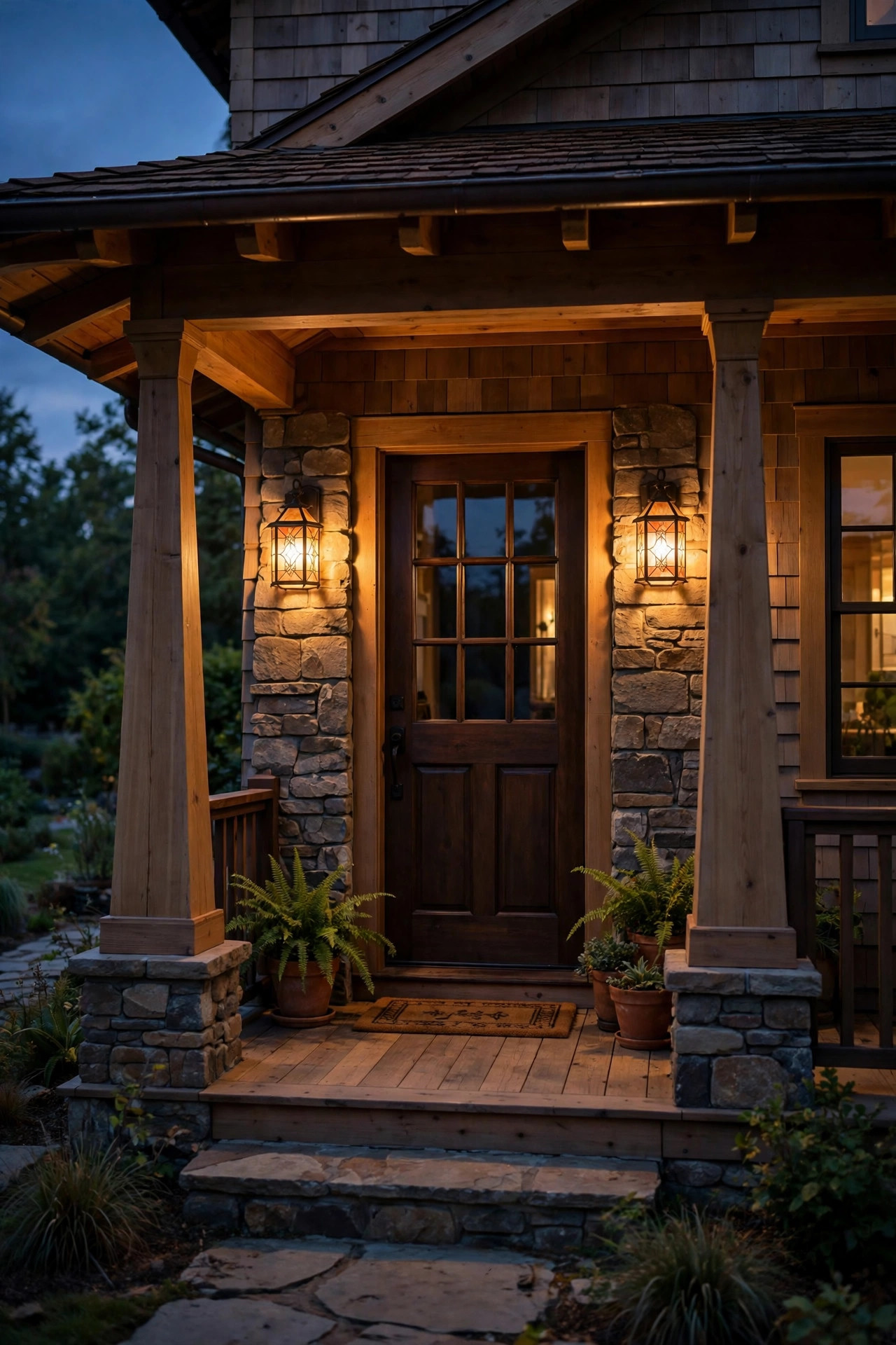 Craftsman bungalow front porch at dusk with warm mission-style outdoor sconces flanking the front door, tapered porch columns and golden light