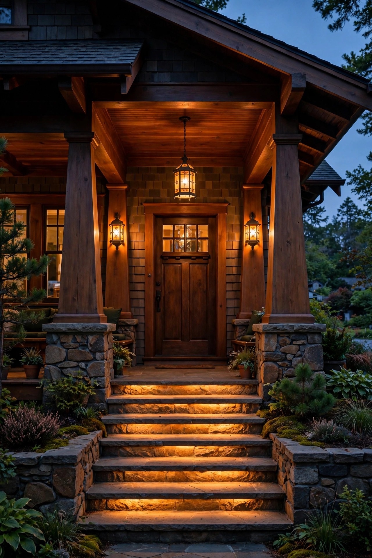 Craftsman porch at dusk with tapered columns, mission-style sconces, a hanging pendant, and warm amber light across the front steps