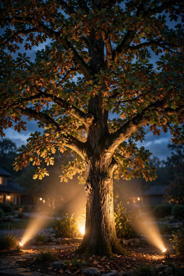 Front yard oak tree at dusk cross-lit by two warm spotlights with a third light glowing behind the trunk, dramatic layered canopy