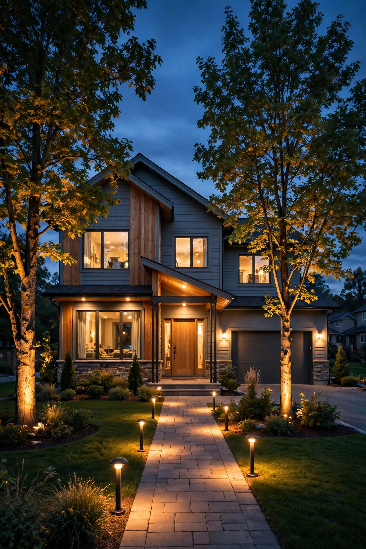 Suburban home at dusk with warm curb appeal lighting, lit walkway, glowing porch and uplighted trees ready for listing photos