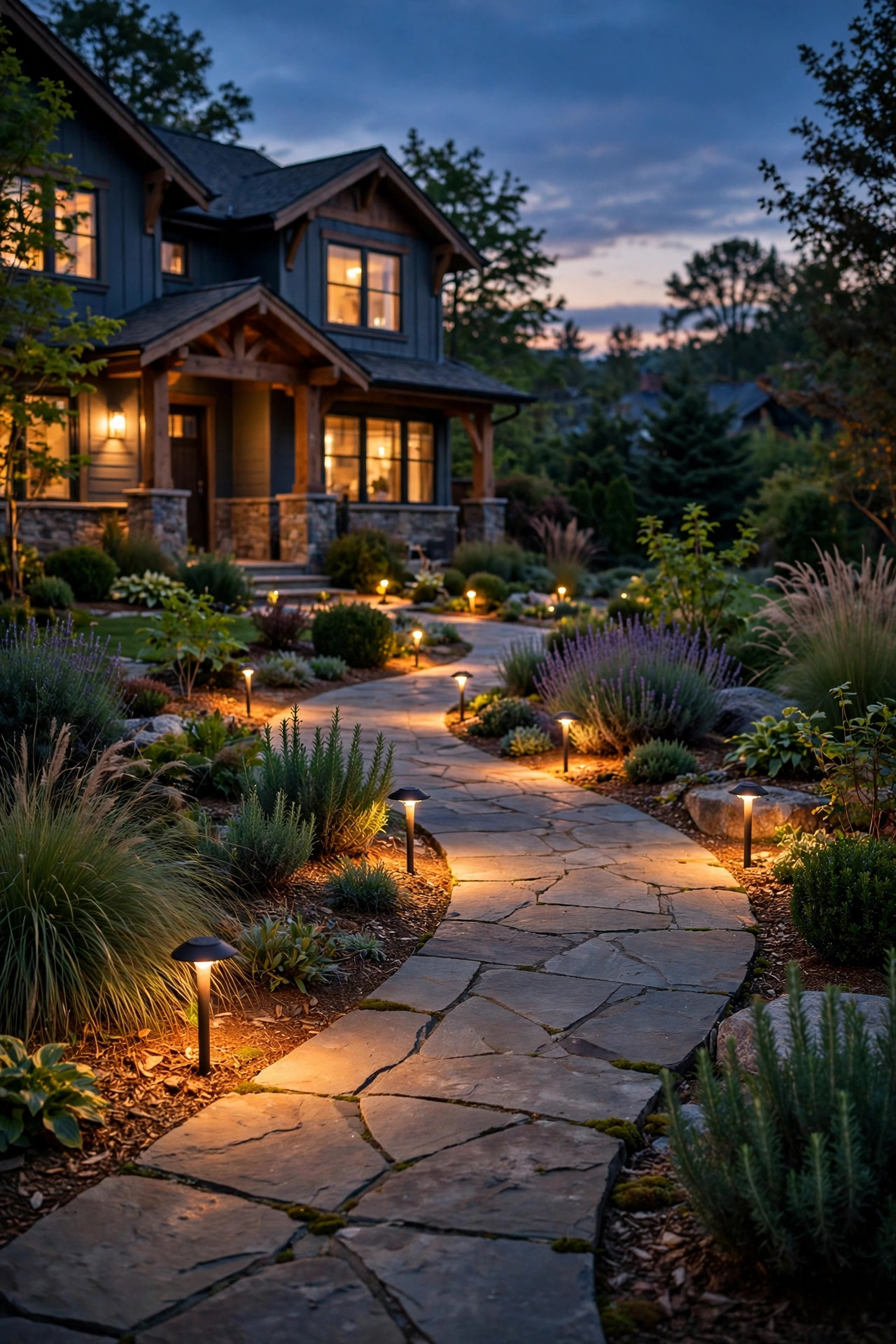 Curved stone walkway at dusk lined with warm low-voltage path lights following the bend through a landscaped front garden