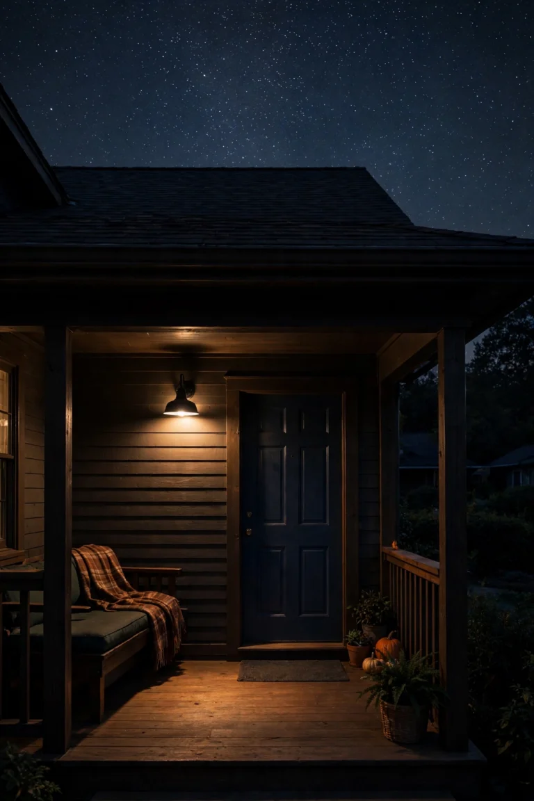 Warm shielded dark sky outdoor lighting on a suburban home porch with visible stars above