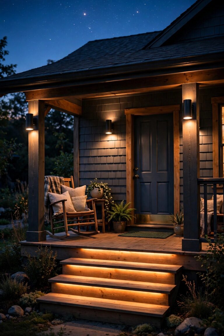 Cozy front porch at dusk with full-cutoff warm lighting aimed downward, glowing steps and a visible starry night sky above the roofline