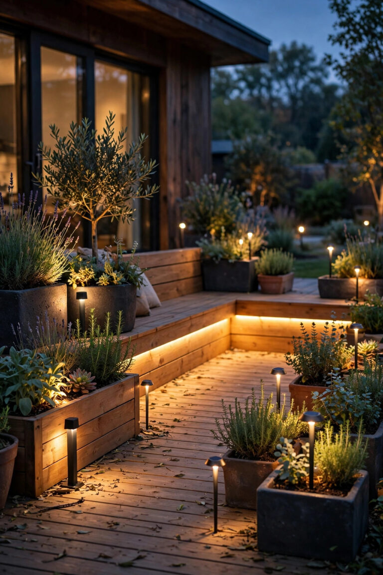 Wooden deck at dusk with a built-in bench glowing from under-seat LED strips, planters lit by uplights and solar stakes layered around the seating area