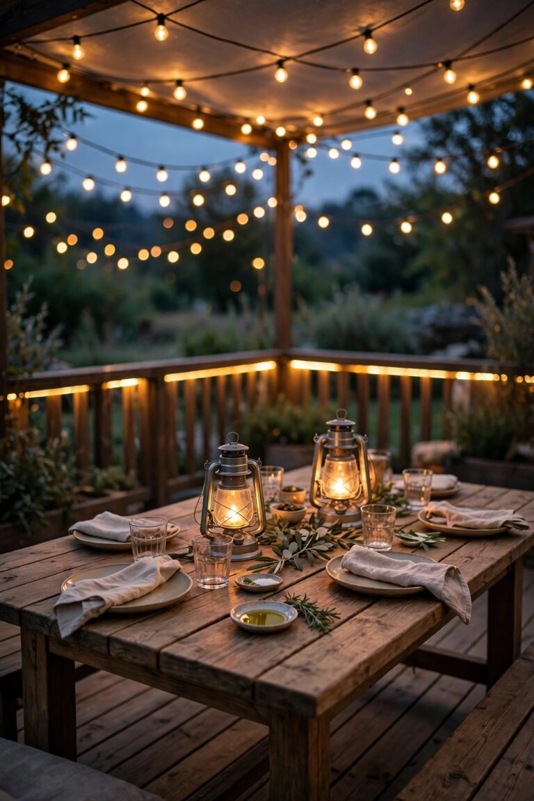 A wooden deck dining table at dusk under a canopy of warm string lights, with lanterns on the table and a soft glow along the railing