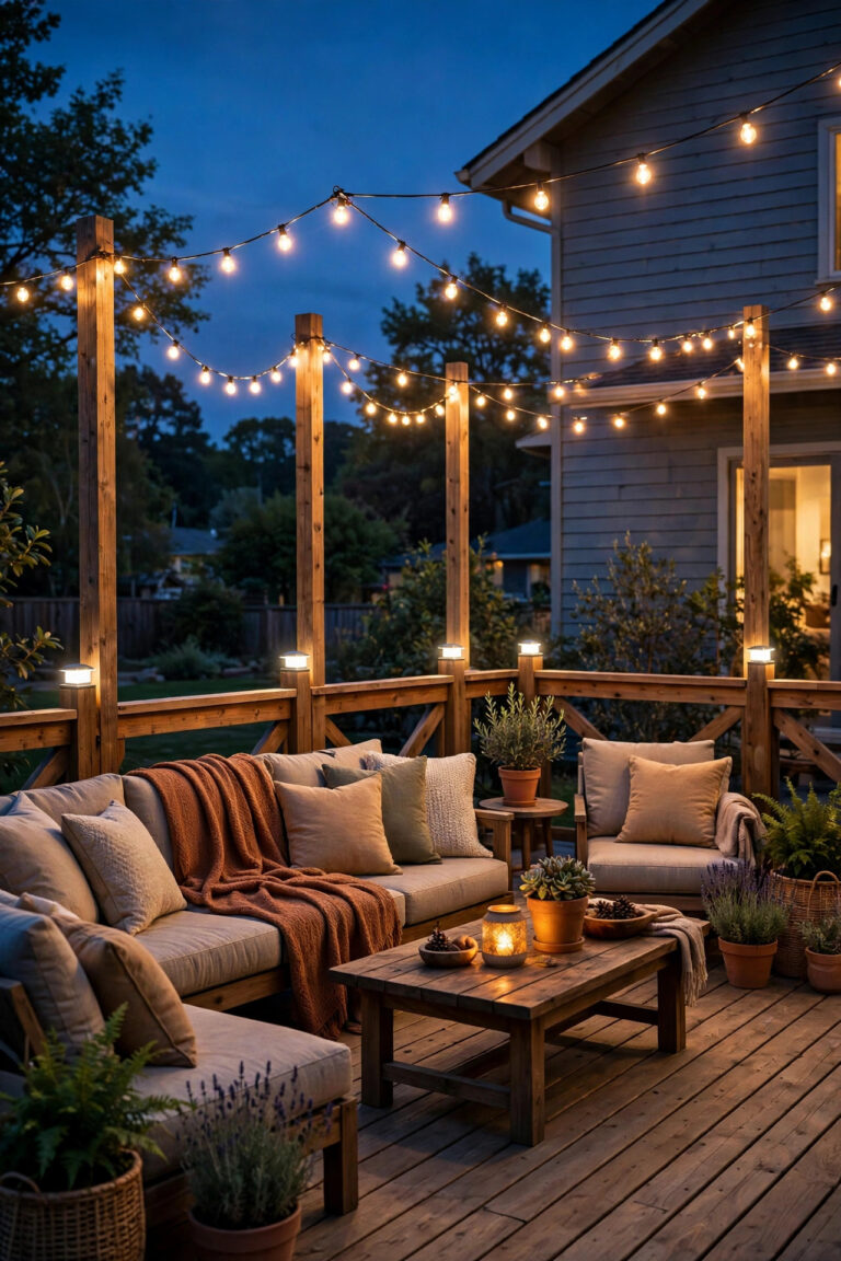 Warm-lit wooden deck at dusk with glowing post cap lights, string lights overhead, and a cozy seating area