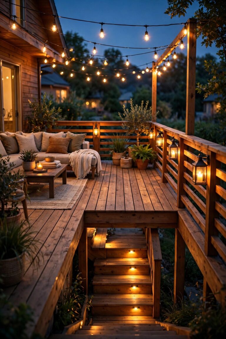 Warmly lit wooden deck at dusk with layered lighting, glowing stair lights, soft string lights overhead and lantern accents along the railing, cozy finished outdoor living space