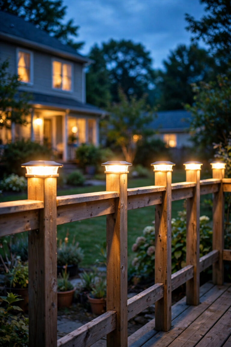 Wooden deck railing at dusk with glowing warm-white post cap lights on every post
