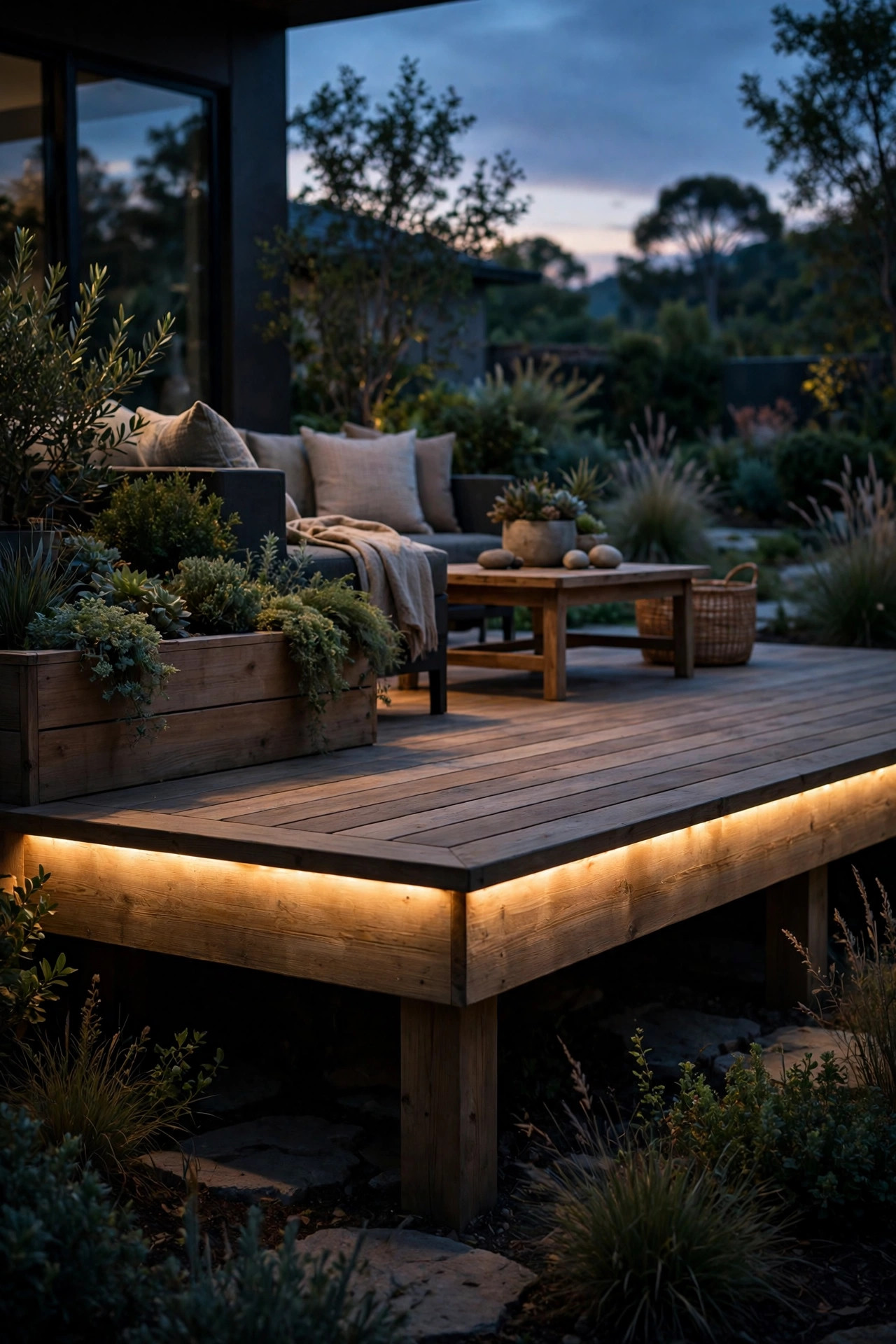 Raised wooden deck at dusk with warm light glowing from the skirting, hiding the dark underside